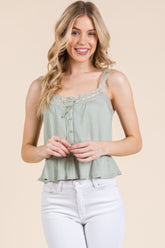 Lace Peplum Tie Front Ribbed Cami Top in Sage Simmer & Fay S
